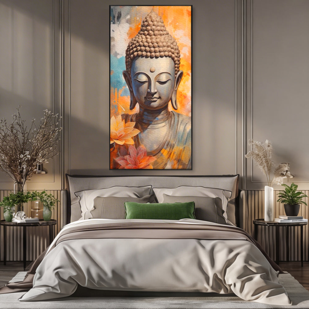 Tablou canvas cu tablou canvas cu buddha si flori de lotus, in rama de aluminiu negru, pe perete intr-un dormitor